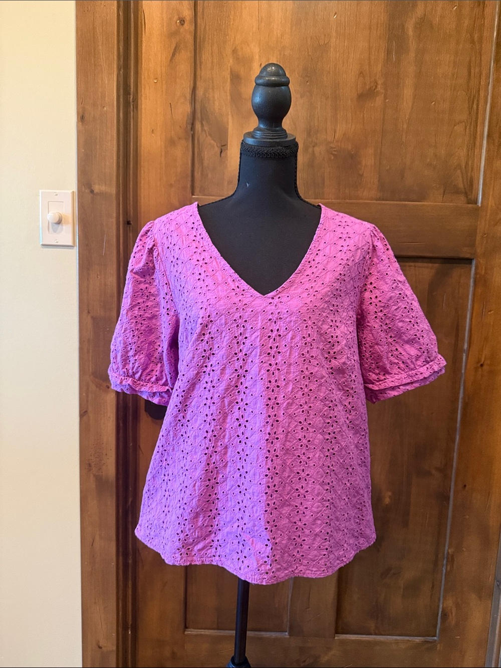 Draper James Pinkish purple Eyelet V-Neck Puff Sleeve Top
